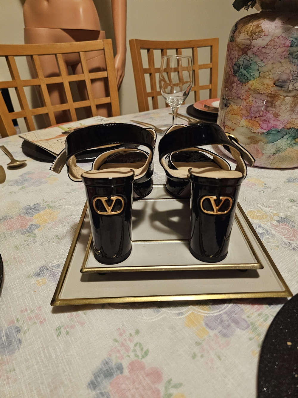 Valentino Black Patent Logo Block Heel Sandals